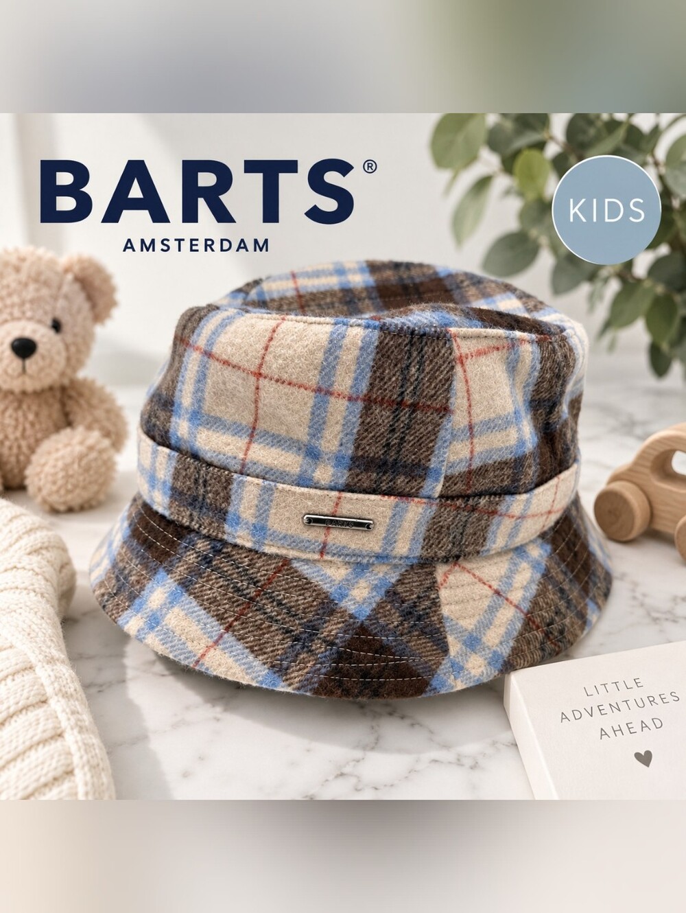 Barts Kids Plaid Wool Blend Bucket Hat Adjustable NWT